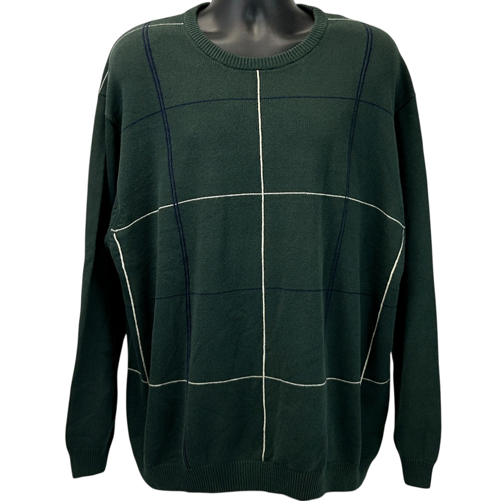 IZOD Sweater Windowpane Check Long Sleeve Cotton Pullover Green Mens 3XL XXXL